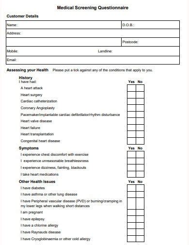 16 Medical Screening Questionnaire Templates In Pdf Microsoft Word