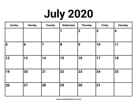 July 2020 Calendars Calendar Options