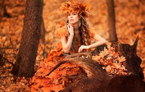 Wallpaper Forest Leaves Girl Wreath Autumn Style Sad Time Images