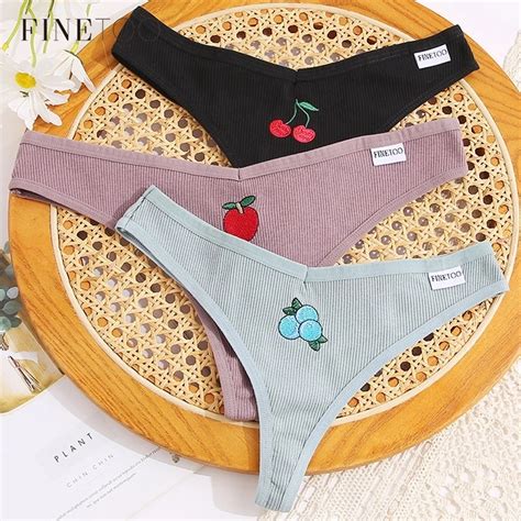 Finetoo Embroidery Thong Sexy Panty Women Cotton Underwear Hipsters Girl Underpants Female