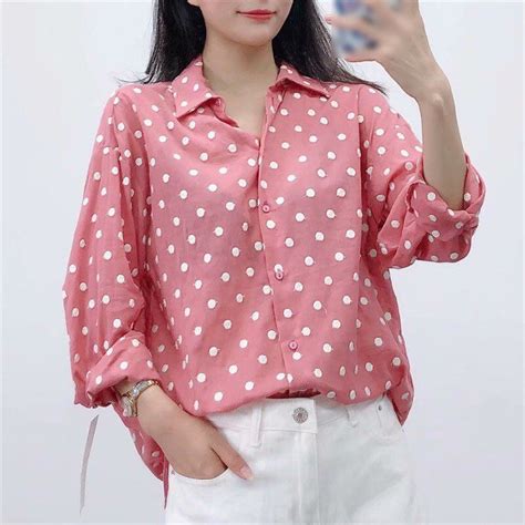 2019 women sweet pink polka dot shirts blouses long sleeve loose shirts female cute chic tops