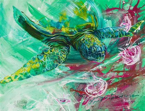 Balancing Blooms Green Sea Turtle Painting Kris Friesen Canadian