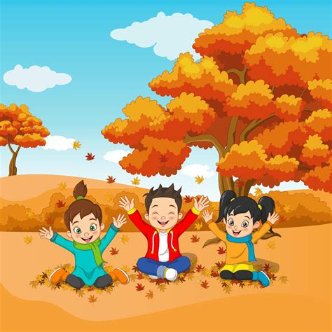 Cartoon Happy Kids Playing In Autumn Background 4991807 Vector Art At