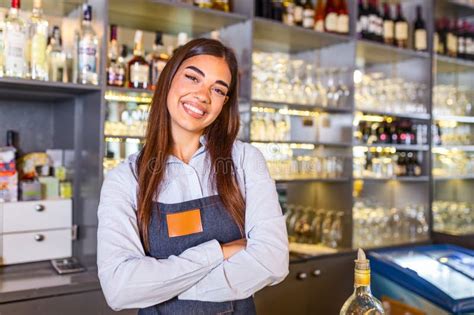 Waitress Wearing Apron Smilling Looking At Camera Happy Businesswoman