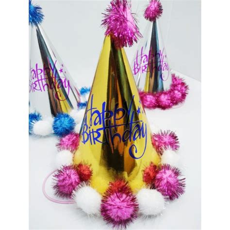 Topi Ulang Tahun Kerucut Hbd Pompom Glossy 43 Topi Happy Birthday