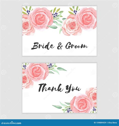 Watercolor Pink Rose Floral Wedding Thank You Card Stock Illustration