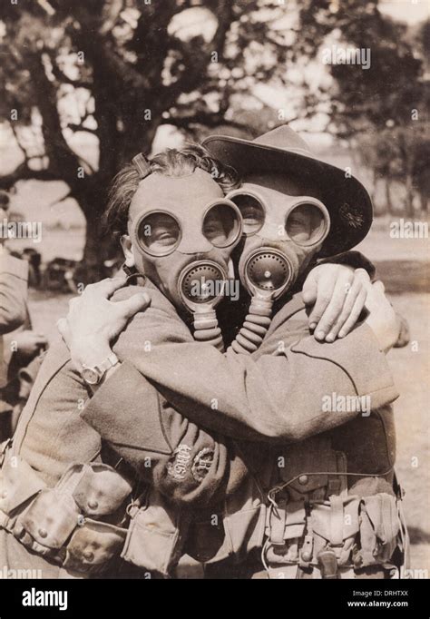 Gas Drill In Australia Two People In Gas Masks Ww1 Stock Photo Alamy