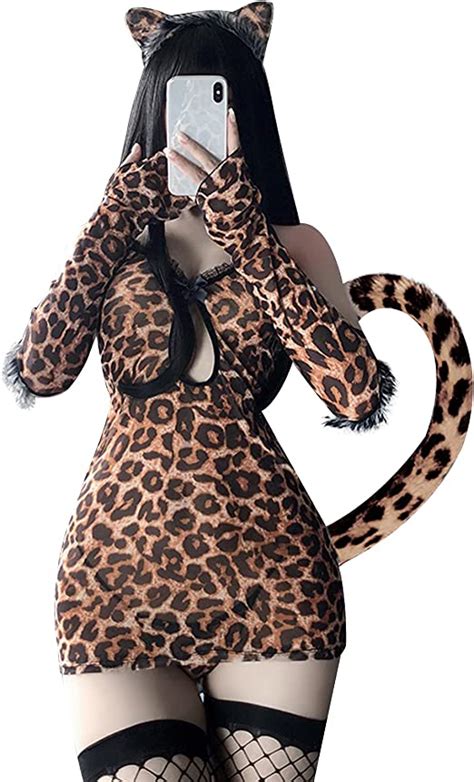 YOMORIO Lencería de anime con diseño de gato sexy y estampado de leopardo color marrón Amazon