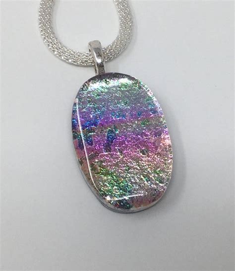 Dichroic Glass Pendant Fused Glass Jewelry Pink Silver Necklace