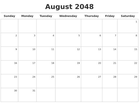 August 2048 Calendar Maker