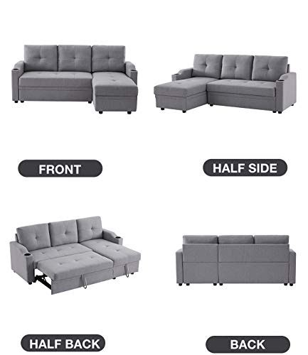 81inch Reversible Sleeper Sectional Sofa With Storage And 2 Cup Holder