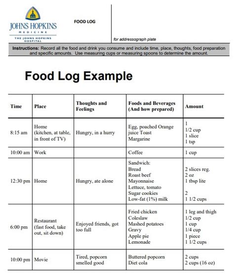 Food Log Examples Printable Templates