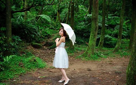 wallpaper sunlight forest women model nature asian umbrella dress green jungle