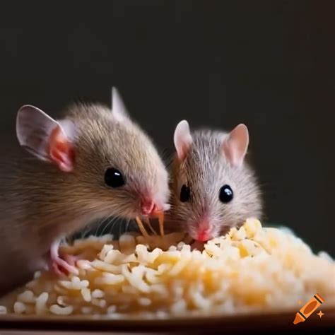 Three mice eating together from a plate of rice