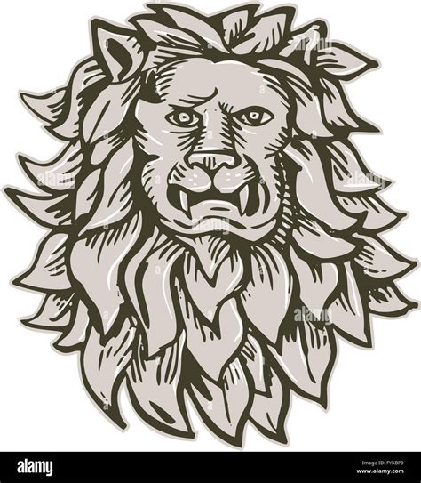 Angry Lion Big Cat Head Etching Stock Photo Alamy