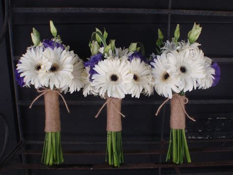 White Gerbera Daisy Bouquets With Purple Lisianthus And Twine Wrap