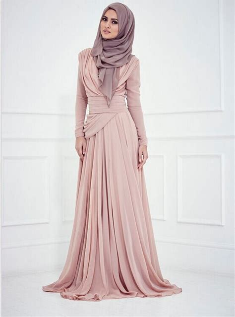 2015 Pink Long Sleeve Evening Dress Muslim Women Dress With Hijab Pleat