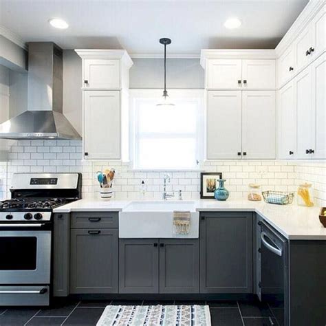 Charcoal Grey Bottom Cabinets W White Top Cabinets And Dark Hardware