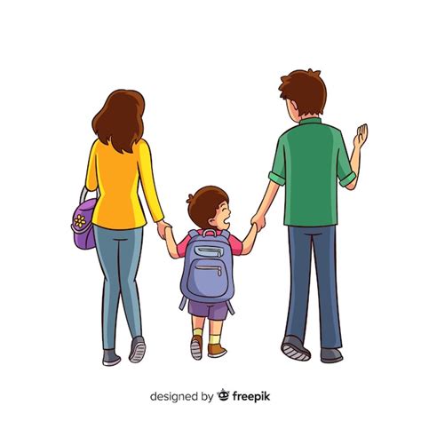 Niños De Colegio Con Sus Padres Dibujados A Mano Vector Gratis