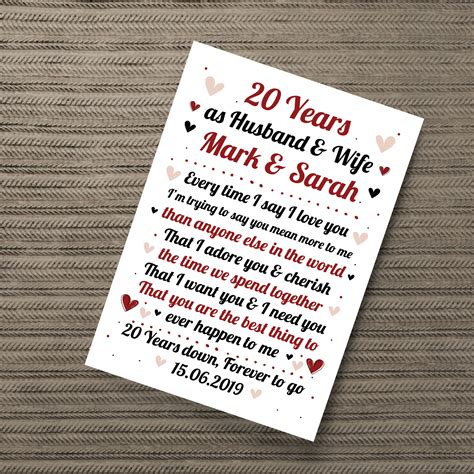 20th Wedding Anniversary T For Husband Or Wife Print Keepsake