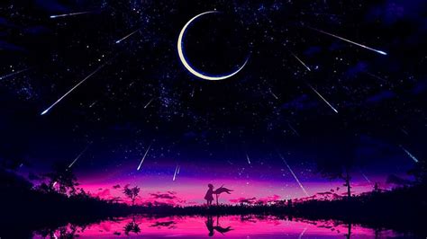 Sunset Moon Phases Night Purple Background Shooting Stars Dark
