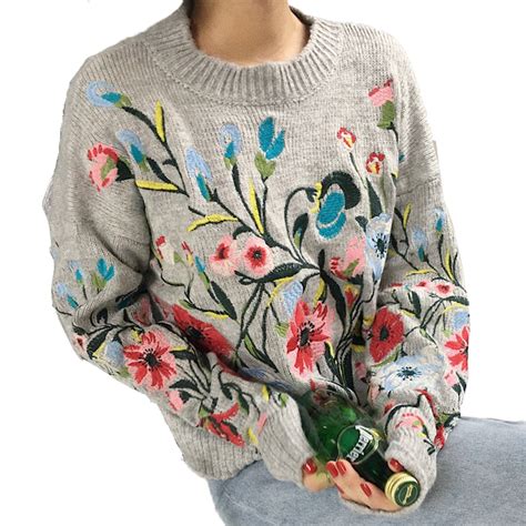 Floral Embroidered Sweater Pullover Autumn High Quality Gray Loose O