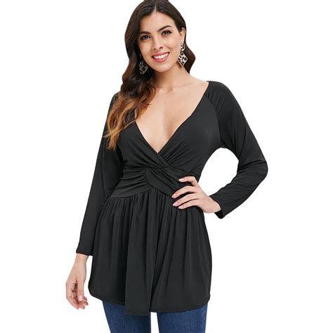 Buy Kenancy Women Plunge Neck Ruched Sexy Blouse Long Sleeve Deep V Neck Solid