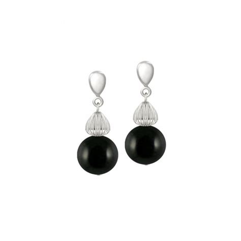 Solitaire Black Pearl Drop Pierced Earrings Silver