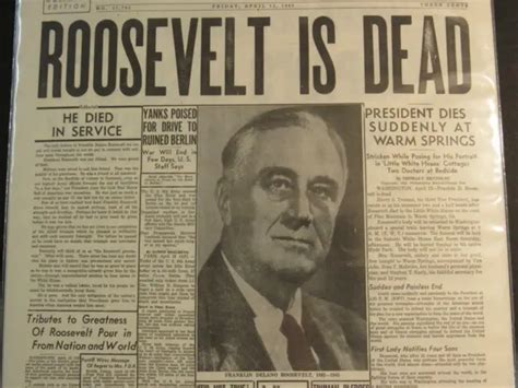 Vintage Newspaper Headline ~ World War 2 President Fdr Roosevelt Dead