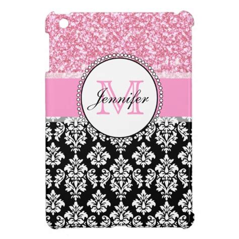 Girly Pink Glitter Black Damask Personalized Ipad Mini Case Zazzle