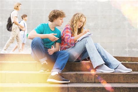 Teenagers On Stairs Near School Stock Photo Image Of German Casual