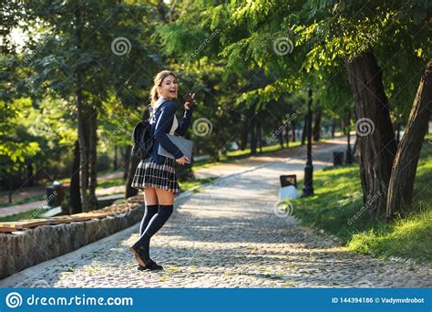 Cheerful Young School Girl Walking Outdoors Stock Photo Image Of
