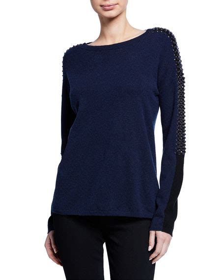 Neiman Marcus Cashmere Collection Embellished Colorblock Cashmere Sweater Neiman Marcus