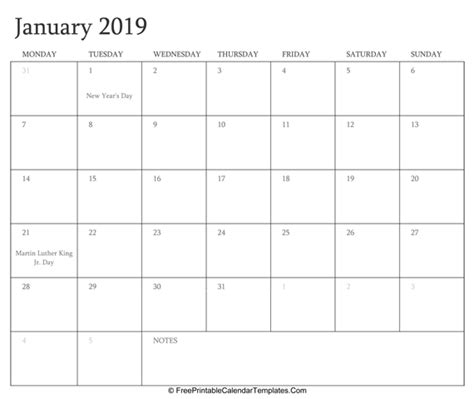 January 2019 Editable Calendar With Holidays And Notes