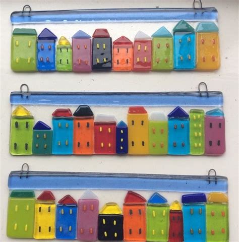 fused glass colourful cottages suncatcher house street picture tile t glass fusing projects