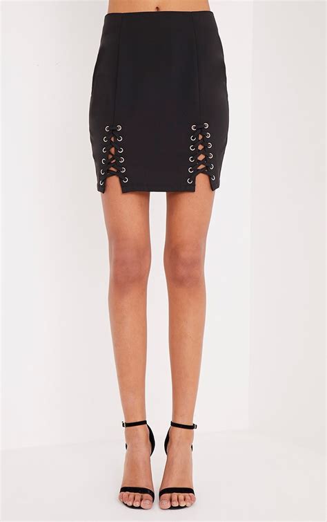 Lara Black Double Lace Up Mini Skirt Skirts Prettylittlething Aus