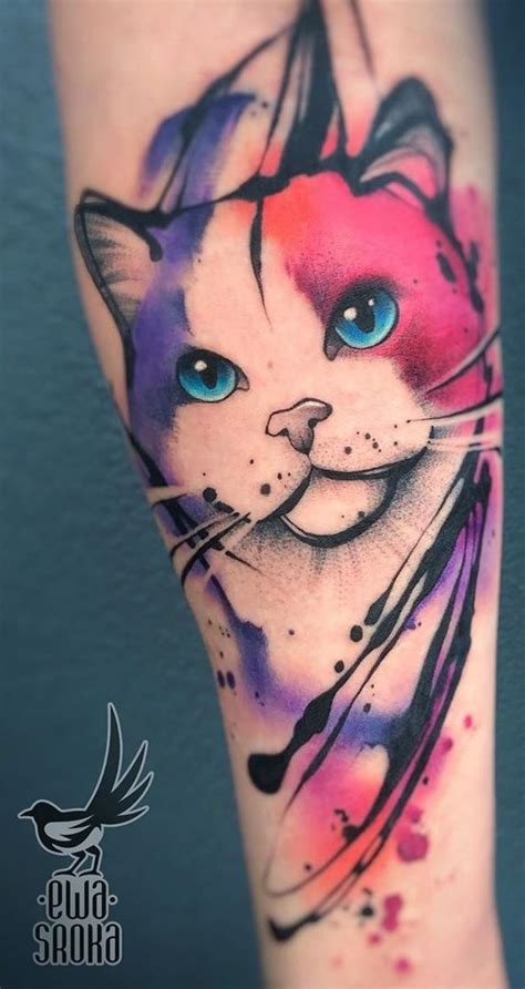 A Cat With Blue Eyes Is On The Leg And Has Watercolor Paint Splatters