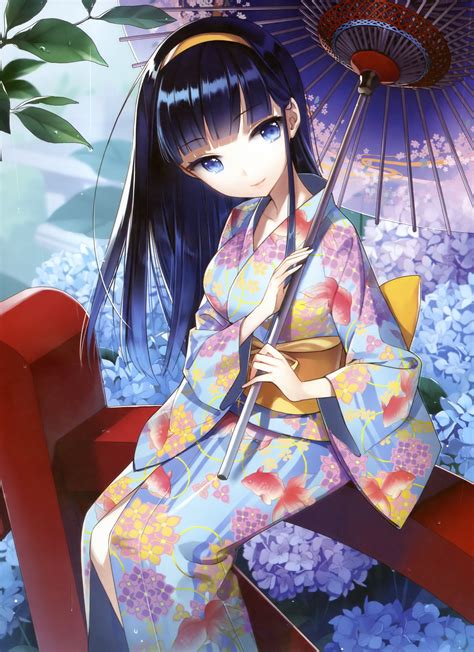 Anime Art Anime Kimono Obi Parasol Flowers Cute Kawaii Yukata Anime