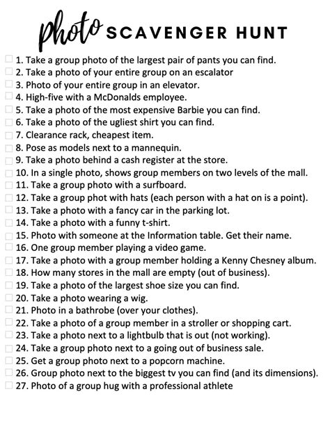 45 Fun Ideas For A Mall Scavenger Hunt Printable Pdf