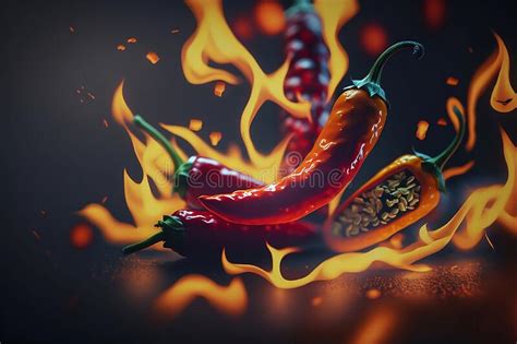 Red Hot Chilli Peppers With Fire Burning Generative Ai Stock Image