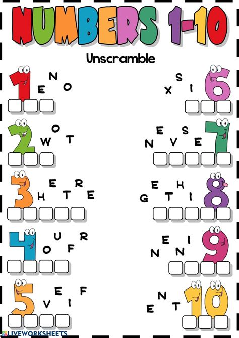 Print 20+ counting to ten worksheets with answer keys. Numbers 1-10 (Unscramble) worksheet