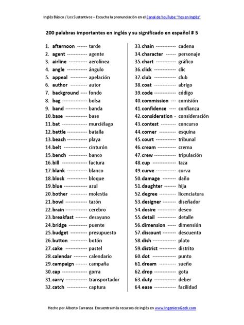 200 Palabras Importantes En Inglés Y Su Significado En