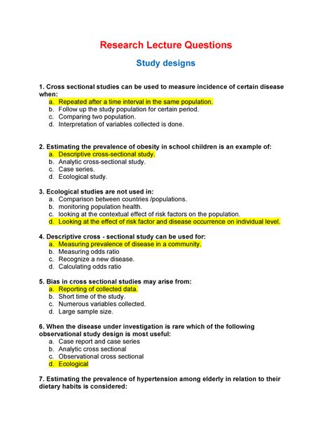 Research Questions Final Research Lecture Questions Study Designs 1
