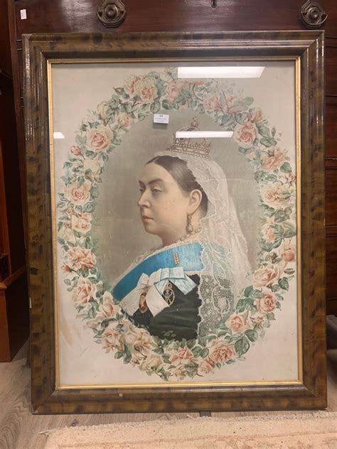 Bid Now Large Antique Coloured Lithograph Of Queen Victoria Mounted