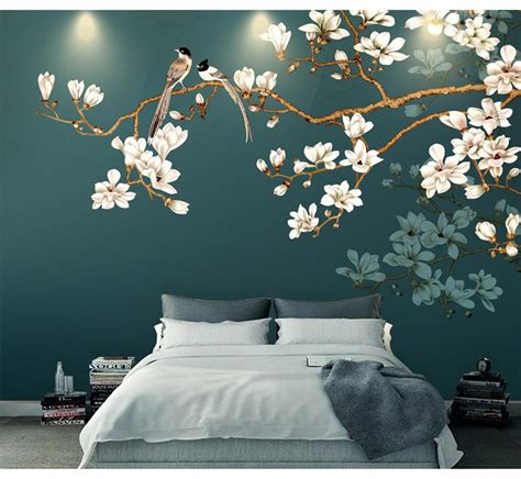 Hand Painting Hanging Branch Tree Flowers And Birds Wallpaper Etsy