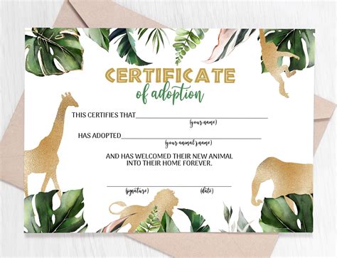 Adopt An Animal Adoption Certificate Gold Animals Adoption Etsy Pet
