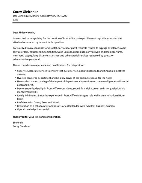 Front Office Manager Cover Letter Velvet Jobs