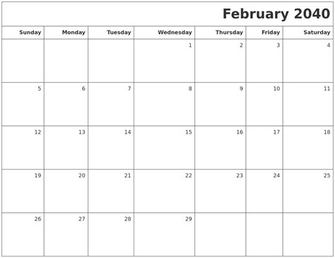 February 2040 Printable Blank Calendar
