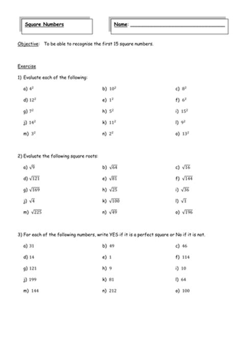 Square Numbers And Square Roots Worksheet Tes
