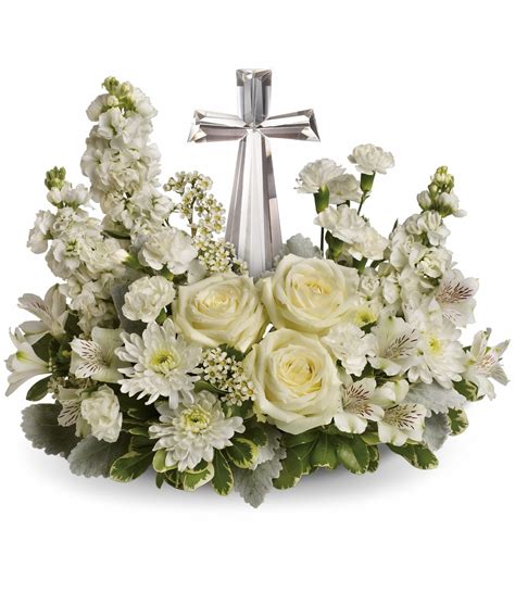 Crystal Cross All White Sympathy Flower Arrangement By Enchanted Florist